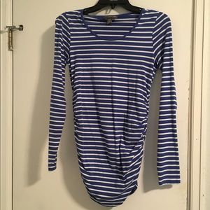 Blue and white striped long sleeve maternity tee